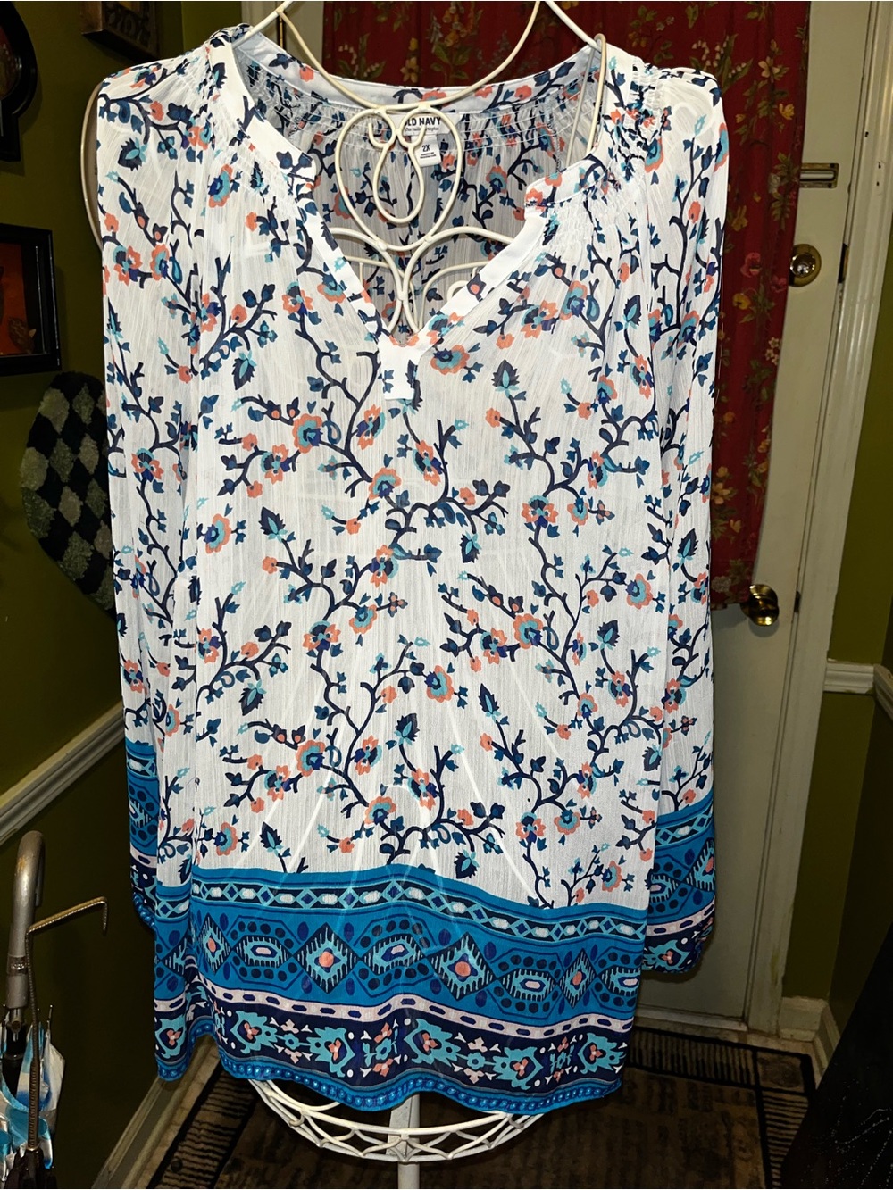 Old Navy Blue Coral White Floral Border Print Long Sleeve Peasant Blouse 2X